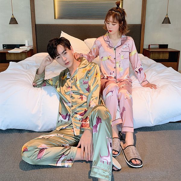 2019 spring cartoon pajamas set women & men faux slik satin pyjama suit for couples sleepwear long sleeve homewear pijama, Blue;gray
2019 spring cartoon pajamas set women & men faux slik satin pyjama suit for couples sleepwear long sleeve homewear pijama, Blue;gray