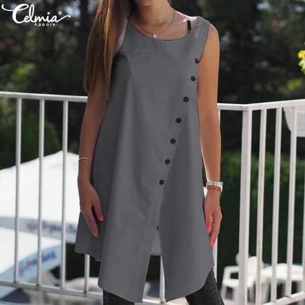 

fashion 2019 celmia women blouses asymmetrical tunic shirts summer sleeveless buttons casual split long blusas femininas 5xl, White