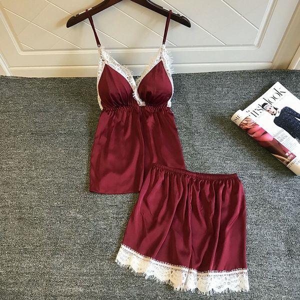 4 color women sleepwear satin set white lace v-neck pyjamas sleeveless cute cami and shorts pijama mujer lingerie, Black;red
4 color women sleepwear satin set white lace v-neck pyjamas sleeveless cute cami and shorts pijama mujer lingerie, Black;red