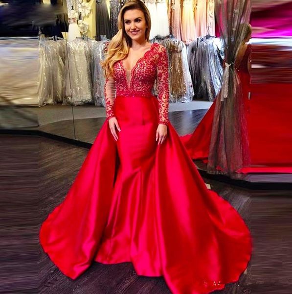2020 v-neck red evening dresses long sleeve mermaid dress sweep train elastic satin prom dresses beading lace evening gowns plus size, Black
2020 v-neck red evening dresses long sleeve mermaid dress sweep train elastic satin prom dresses beading lace evening gowns plus size, Black