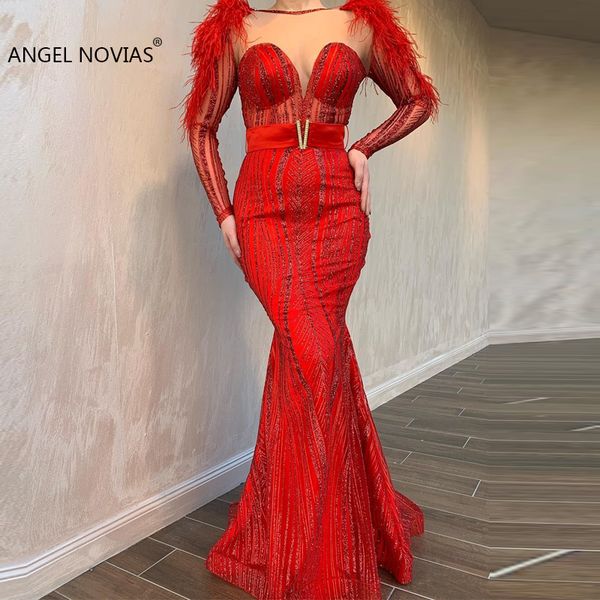 long sleeves red mermaid abendkleider arabic lace evening dress 2019 with feather dubai moroccan formal prom gowns, White;black
long sleeves red mermaid abendkleider arabic lace evening dress 2019 with feather dubai moroccan formal prom gowns, White;black