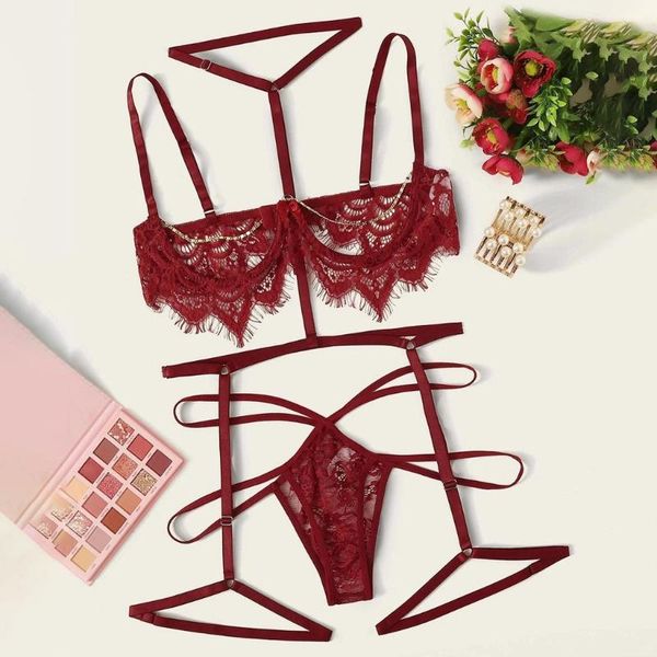 3pcs women halter lingerie set lace garter exotic set lattice-front suspender teddy bandage chain decoration underwear, Red;black
3pcs women halter lingerie set lace garter exotic set lattice-front suspender teddy bandage chain decoration underwear, Red;black