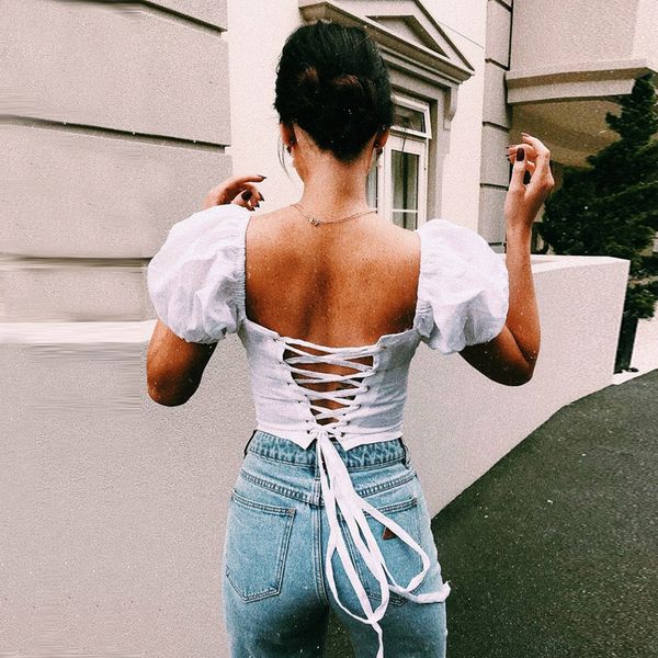 women bandage crop 2019 summer deep v-neck bubble short sleeve white short shirt tees female cross back sexy
women bandage crop 2019 summer deep v-neck bubble short sleeve white short shirt tees female cross back sexy