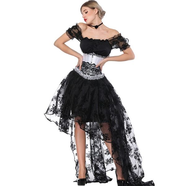 women 3pcs set bundle sale burlesque corset dress with sheer floral lace blouse and hi-lo long skirt plus a ruffle hem underbust corset, Black;white
women 3pcs set bundle sale burlesque corset dress with sheer floral lace blouse and hi-lo long skirt plus a ruffle hem underbust corset, Black;white