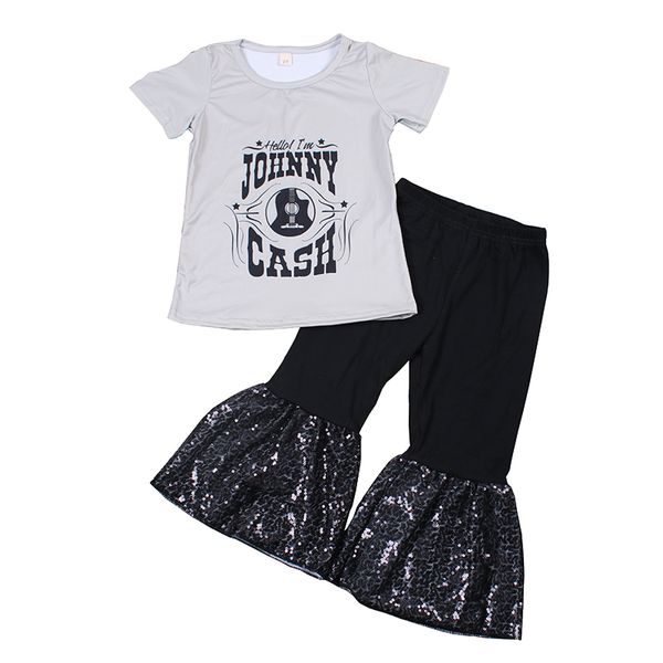 Girls clothing grey color short sleeve shirt black sequin ruffle bell bottom pants baby kids outfits fashion clothes sets
Girls clothing grey color short sleeve shirt black sequin ruffle bell bottom pants baby kids outfits fashion clothes sets