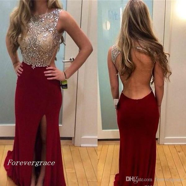 2019 burgundy formal open back prom dress beaded crystals side split long sweep train party gown custom made plus size, Black
2019 burgundy formal open back prom dress beaded crystals side split long sweep train party gown custom made plus size, Black