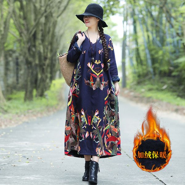 2019 winter warm brushed and thick v-neck dress national wind printed medium-length dress women's, Blue;black
2019 winter warm brushed and thick v-neck dress national wind printed medium-length dress women's, Blue;black