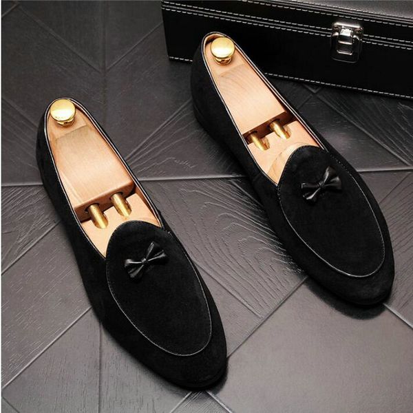 

men dress loafers night club shoes men fashion suede leather shoes casual moccasin flat bowknot slip-on driver a51-45, Black