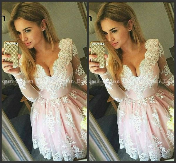 new a line pink lace appliques short prom dress long sleeve deep v neck beaded knee length prom gowns 2019, Black
new a line pink lace appliques short prom dress long sleeve deep v neck beaded knee length prom gowns 2019, Black