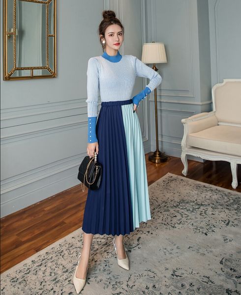 2020 new autumn spring women elegant sweater pullover+pleated skirt two piece dress set slim knitted long sleeve sweater blue patchwork suit, White
2020 new autumn spring women elegant sweater pullover+pleated skirt two piece dress set slim knitted long sleeve sweater blue patchwork suit, White