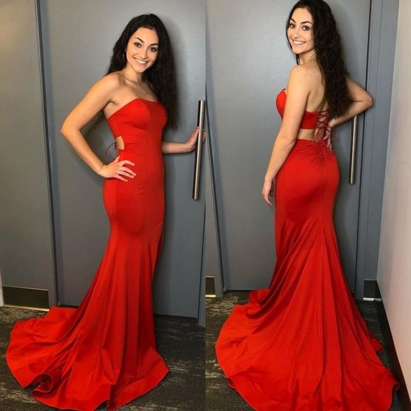 strapless sweep train red prom dresses custom made lace up back satin mermaid party evening gowns, Black
strapless sweep train red prom dresses custom made lace up back satin mermaid party evening gowns, Black