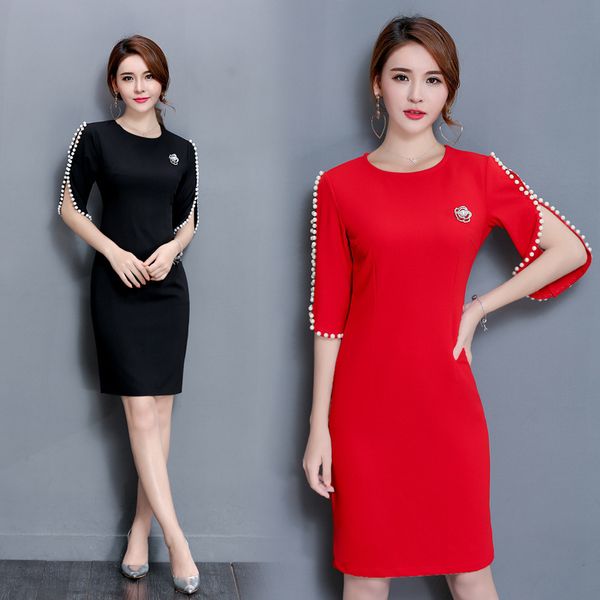 2019 spring and summer new style retro dress half-sleeve shirt beads slimming skirt large size dress, Red
2019 spring and summer new style retro dress half-sleeve shirt beads slimming skirt large size dress, Red