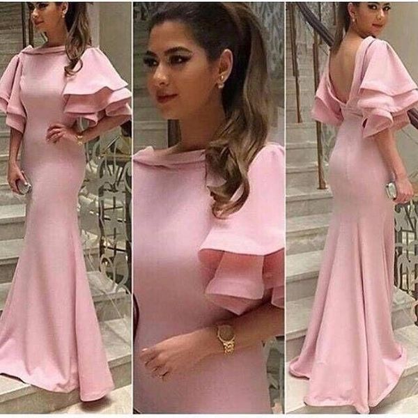 2019 elegant prom dresses pink mermaid jewel flare short sleeves low v back ruffles floor length formal party gowns, Black
2019 elegant prom dresses pink mermaid jewel flare short sleeves low v back ruffles floor length formal party gowns, Black