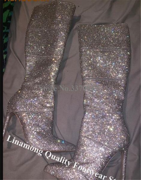 linamong bling bling pointed toe rhinestone stiletto heel knee high gladiator boots shining silver crystal long high heel boots, Black
linamong bling bling pointed toe rhinestone stiletto heel knee high gladiator boots shining silver crystal long high heel boots, Black