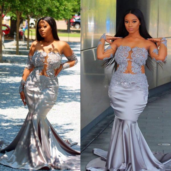 see through mermaid prom dresses 2k19 sheer neck lace appliques long sleeves evening gowns gray color satin sweep train party dress, Black
see through mermaid prom dresses 2k19 sheer neck lace appliques long sleeves evening gowns gray color satin sweep train party dress, Black