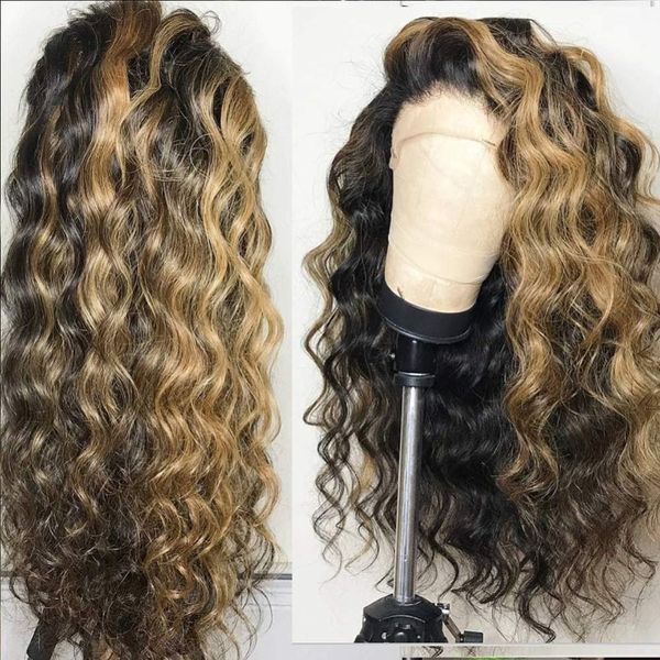 

13x6 lace front human hair wigs peruvian 360 laces frontal wig pre plucked with baby hairs loose wave highlights honey blonde full bleached, Black