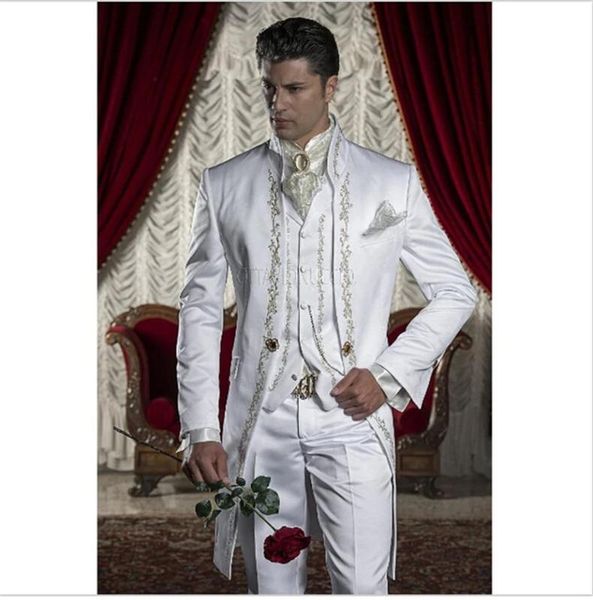 

men's suits & blazers classic style golden embroidery groom tuxedos white groomsmen wedding prom blazer with pants (jacket+pants+vest), White;black