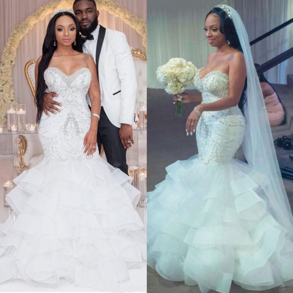 amazing mermaid crystals wedding dresses sweetheart neck sequined bridal gowns tiered organza sweep train robes de mariée, White
amazing mermaid crystals wedding dresses sweetheart neck sequined bridal gowns tiered organza sweep train robes de mariée, White