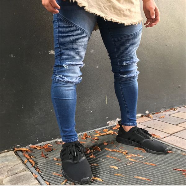 men's motorcycle trousers cotton brand jeans slim-fitting small ripped legs high street men trend pleated high-grade denim pants, Blue
men's motorcycle trousers cotton brand jeans slim-fitting small ripped legs high street men trend pleated high-grade denim pants, Blue