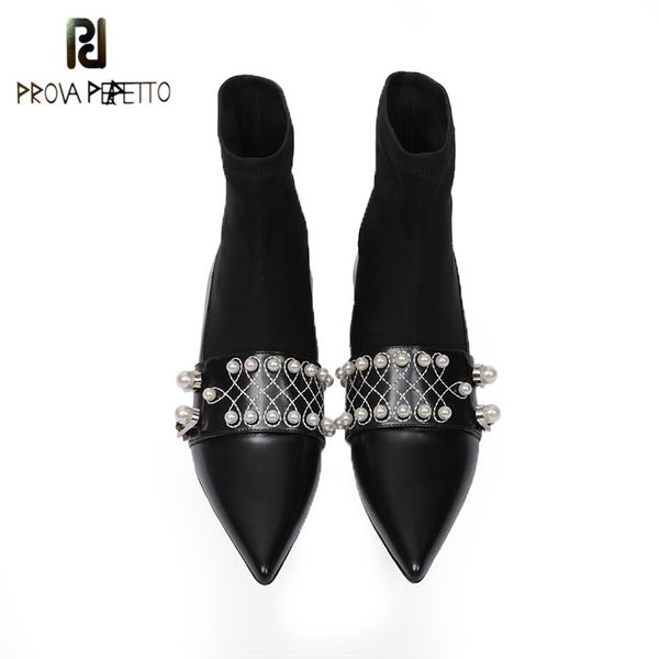 prova perfetto elegant pearl clasp sock boots slip on elastic stiletto boot real leather patchwork point toe women short boots, Black
prova perfetto elegant pearl clasp sock boots slip on elastic stiletto boot real leather patchwork point toe women short boots, Black