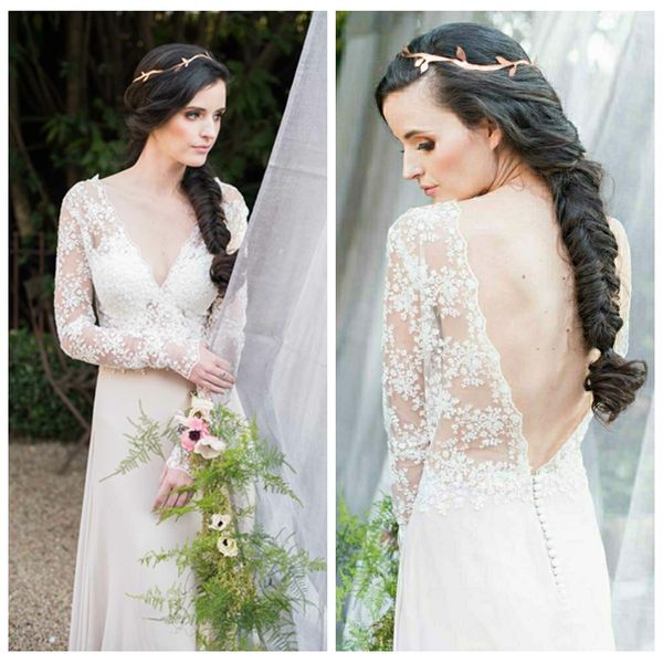 romantic a line garden wedding dresses deep v neck delicate lace sheer long sleeve wedding dresses plunging back bridal gowns, White
romantic a line garden wedding dresses deep v neck delicate lace sheer long sleeve wedding dresses plunging back bridal gowns, White