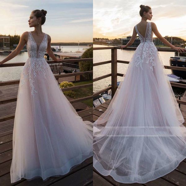 blush pink beach wedding dresses v neck lace appliqued boho tulle a line bridal gown sleeveless vestidos de novia, White
blush pink beach wedding dresses v neck lace appliqued boho tulle a line bridal gown sleeveless vestidos de novia, White