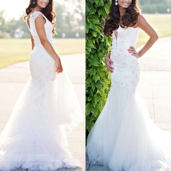 charming lace mermaid sweep train wedding gown plus size beach boho plunging v neckline tulle backless bridal dress vestito da sposa, White
charming lace mermaid sweep train wedding gown plus size beach boho plunging v neckline tulle backless bridal dress vestito da sposa, White