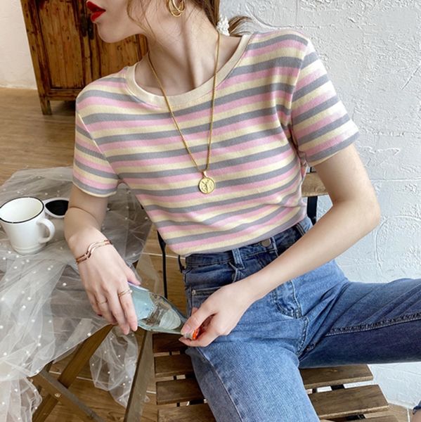 summer clothes 2020 loose rainbow striped t-shirt women's short sleeve ins super t-shirt jacket fire inner jacket base top, White
summer clothes 2020 loose rainbow striped t-shirt women's short sleeve ins super t-shirt jacket fire inner jacket base top, White