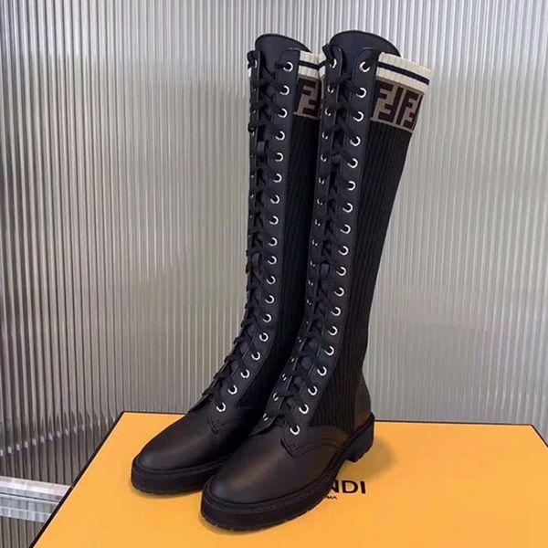 2020 new autumn and winter leather stitching high boots women's straps wild socks boots retro flat knit elastic boots, Black
2020 new autumn and winter leather stitching high boots women's straps wild socks boots retro flat knit elastic boots, Black