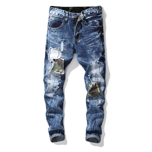 

marchwind бренд дизайнер мужской снег промытый пэчворк дыры рваные джинсы плюс большой размер старинные патч тонкий прямой деним длинные брю, Blue