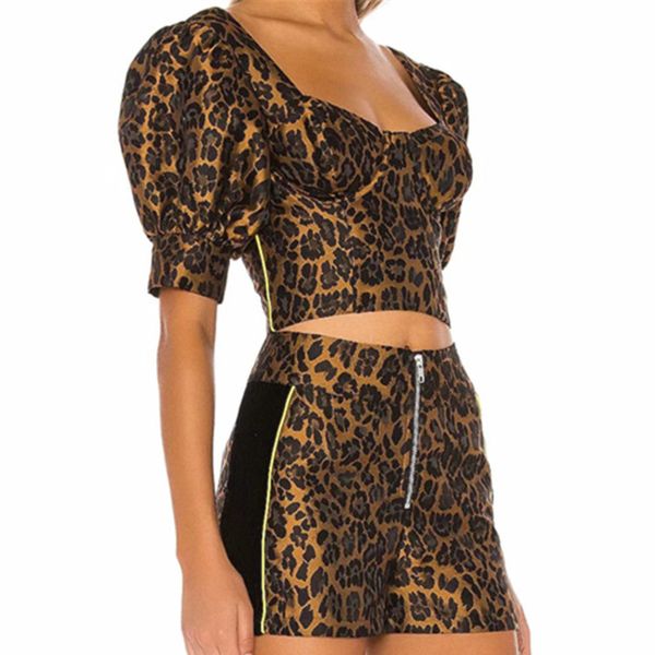 two piece dress deat 2021 spring summer short puff sleeve square collar brown leopard shorts set women outfit mh455, White
two piece dress deat 2021 spring summer short puff sleeve square collar brown leopard shorts set women outfit mh455, White