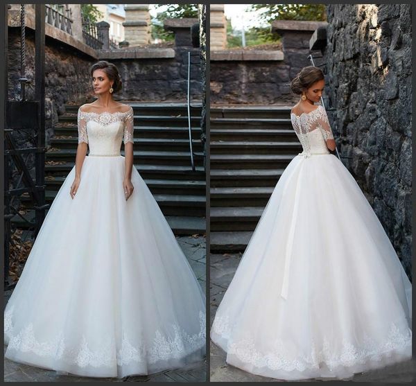 vintage country off shoulder wedding dresses with half sleeves floor length tulle lace button back bridal gowns with beaded sash aline, White
vintage country off shoulder wedding dresses with half sleeves floor length tulle lace button back bridal gowns with beaded sash aline, White