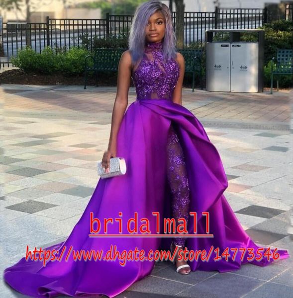 women jumpsuits 2019 purple satin prom dresses with detachable train high neck lace appliqued formal evening gowns african party pant suits, Black
women jumpsuits 2019 purple satin prom dresses with detachable train high neck lace appliqued formal evening gowns african party pant suits, Black