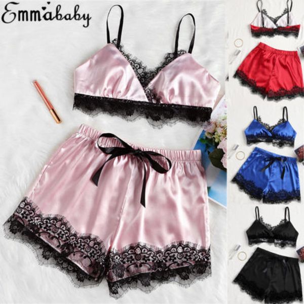 women lace satin crop bra+shorts 2pcs sleepwear set ladies summer vest bralette bustier nightwear comfy lingerie set, Red;black
women lace satin crop bra+shorts 2pcs sleepwear set ladies summer vest bralette bustier nightwear comfy lingerie set, Red;black