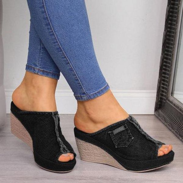 explosion denim slippers high heel wedge large size women's shoes, Black 
explosion denim slippers high heel wedge large size women's shoes, Black