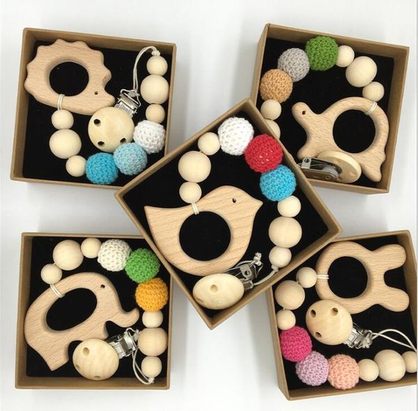 Diy Silicone Pacifier Clip Chain Baby Teething Soother Chew Toy Dummy Clips Beech Beads Cartoon Wooden Pendant Newborn Gift