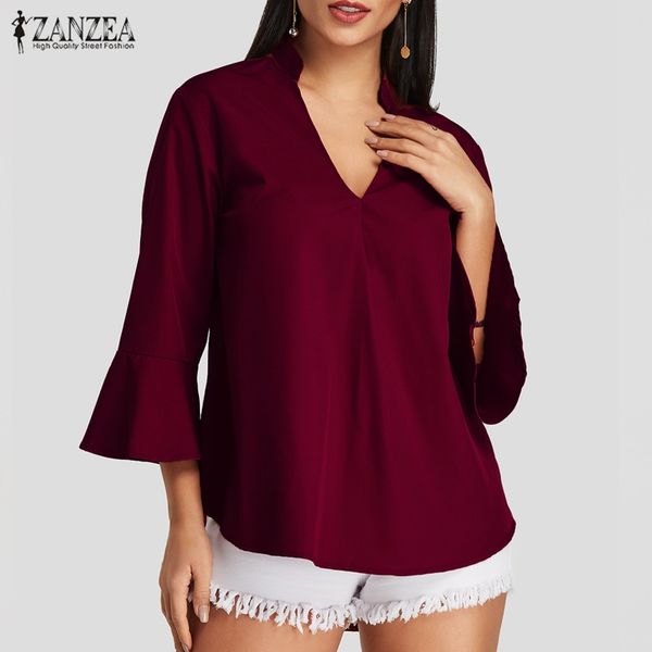 

zanzea 2019 summer blouses shirts women bohemian v neck 3/4 sleeve ruffles asymmetrical elegant solid blusas femininas, White