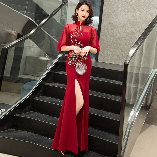 split lady vintage embroidery flower qipao burgundy bridal dress elegant slim cheongsam mandarin collar chinese dresses, Red
split lady vintage embroidery flower qipao burgundy bridal dress elegant slim cheongsam mandarin collar chinese dresses, Red