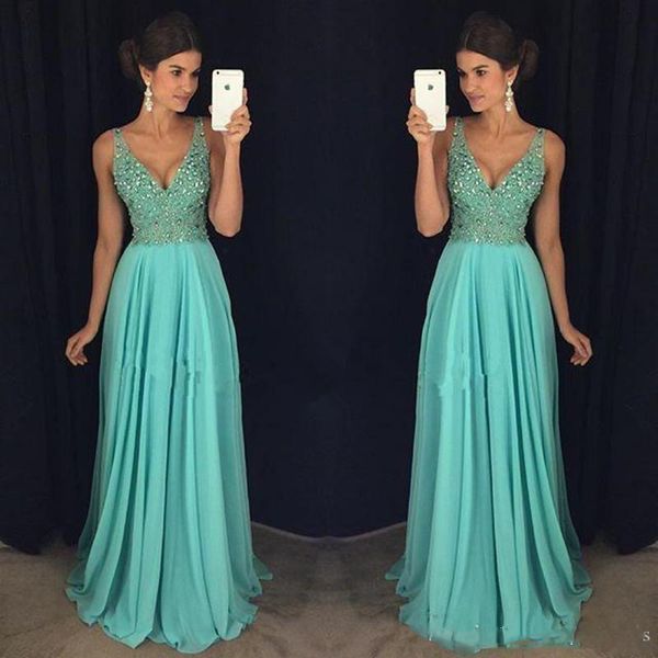 2019 deep v neck prom dresses crystals beaded sweep train a line chiffon evening party long formal gowns, Black
2019 deep v neck prom dresses crystals beaded sweep train a line chiffon evening party long formal gowns, Black