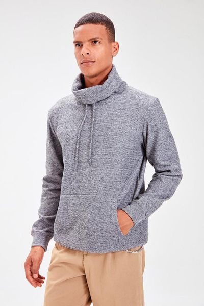 

trendyol gray men 's funnel collar long sleeve kangaroo pocket new sweatshirt tmnaw20sw0206, Black