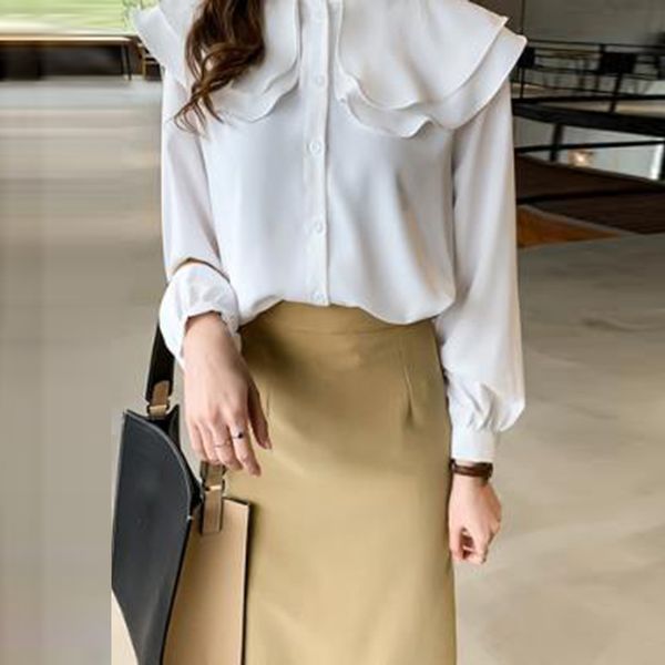 womens autumn casual ruffled loose plus size solid business office blouse, White
womens autumn casual ruffled loose plus size solid business office blouse, White