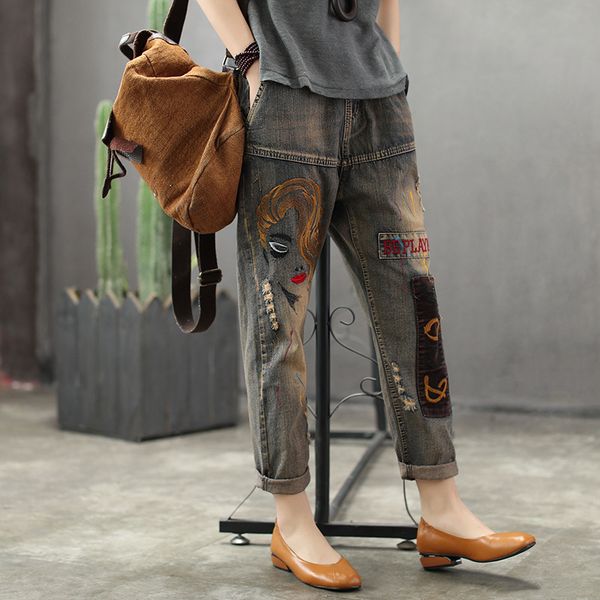 spring summer jeans women retro loose denim pants new ladies elastic waist embroidery patchwork pocket hole vintage casual pants, Blue
spring summer jeans women retro loose denim pants new ladies elastic waist embroidery patchwork pocket hole vintage casual pants, Blue