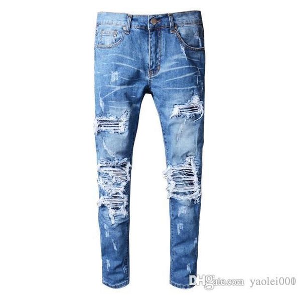 2019 new men's wear holes patch mens ripped skinny jeans designs for youth self-cultivation bound feet locomotive pants, Blue
2019 new men's wear holes patch mens ripped skinny jeans designs for youth self-cultivation bound feet locomotive pants, Blue