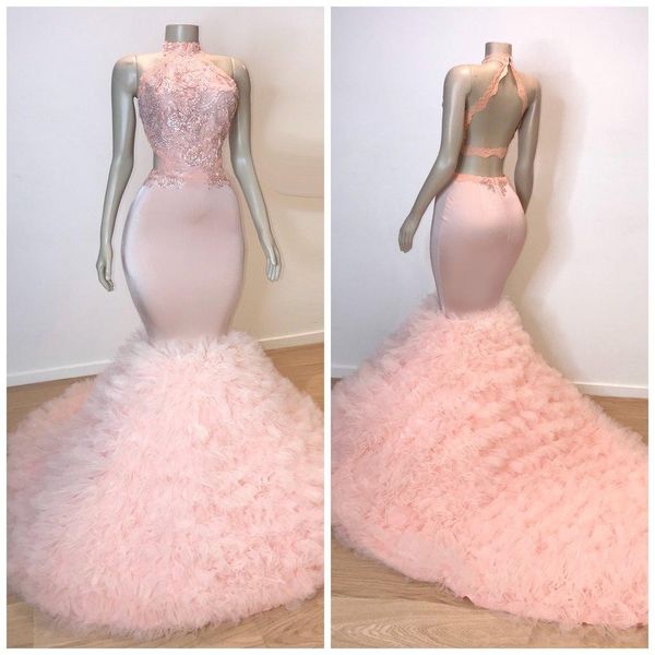 2019 pink cascading ruffles tirerd backless prom dresses high neck mermaid sequin sweep train evening gowns, Black
2019 pink cascading ruffles tirerd backless prom dresses high neck mermaid sequin sweep train evening gowns, Black