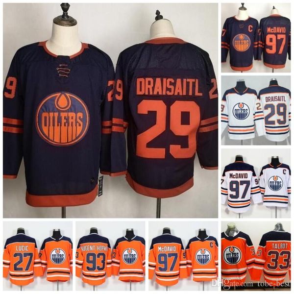 

2019-2020 third edmonton oilers jerseys 97 connor mcdavid 99 wayne gretzky 27 milan lucic 29 leon draisaitl orange stitched hockey jersey, Black;red