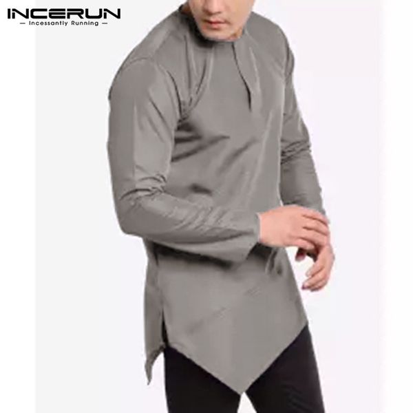 

incerun men casual shirt long sleeve o neck irregular hem loose solid color men kurta suit brand shirts s-5xl 2019, White;black