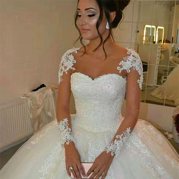 arabic sheer long sleeves lace ball gown wedding dresses 2020 tulle applique beaded vestidos de noiva wedding gowns robe de mariage, White
arabic sheer long sleeves lace ball gown wedding dresses 2020 tulle applique beaded vestidos de noiva wedding gowns robe de mariage, White