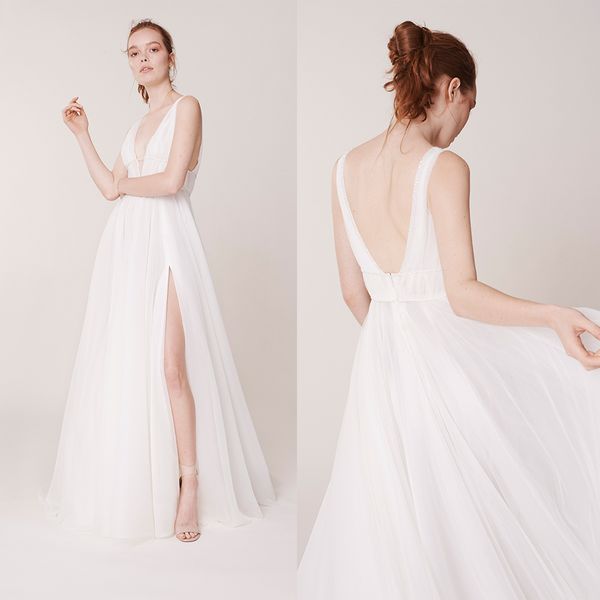 modest a line rita vinieris bohemian dresses v neck sleeveless ruched split backless wedding gowns floor length robe de mariée, White
modest a line rita vinieris bohemian dresses v neck sleeveless ruched split backless wedding gowns floor length robe de mariée, White