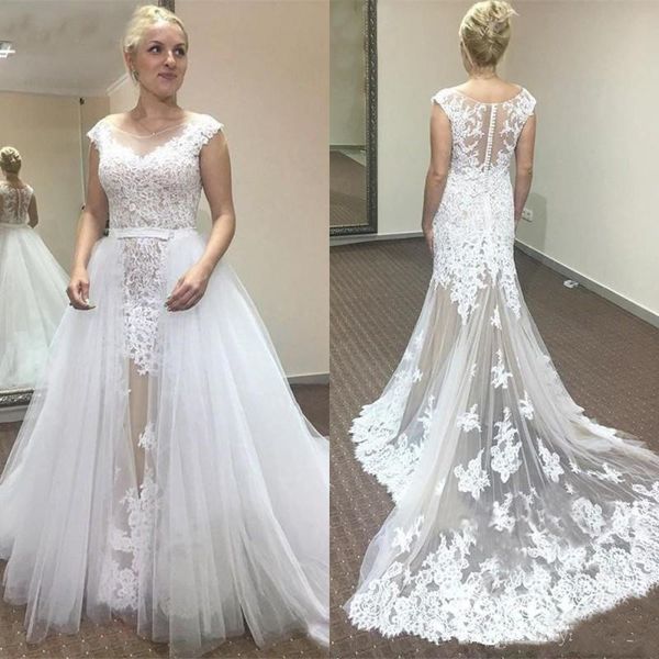 lace sheer mermaid wedding dresses with detachable skirt applique see through cap sleeve tulle bridal gowns 2019 new design custom made w178, White
lace sheer mermaid wedding dresses with detachable skirt applique see through cap sleeve tulle bridal gowns 2019 new design custom made w178, White