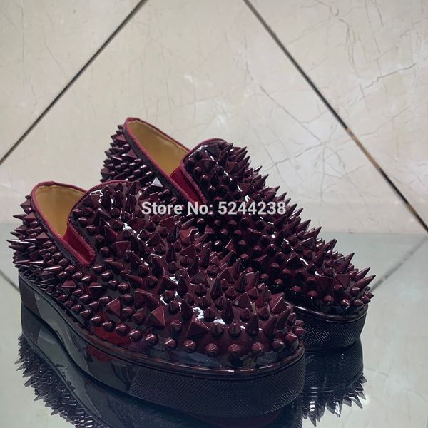 low cut handmade red wine patent leather messy whole rivets fashion party prom loafers red bottoms shoes for men casual loafers, Black
low cut handmade red wine patent leather messy whole rivets fashion party prom loafers red bottoms shoes for men casual loafers, Black